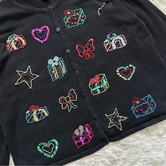 Vintage Arriviste Cardigan Holiday Ugly Christmas Sweater Beaded Black XL - Picture 4 of 13